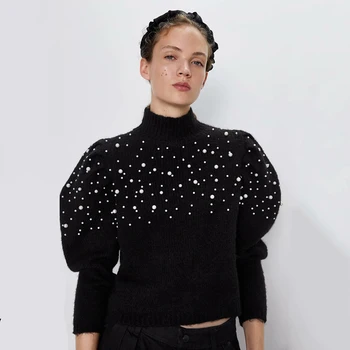 

New ZA Lmitation Pearl Decoration Sweater for Women Black Round Half High Collar Long Sleeve Elegant Winter Sweater Wholesale