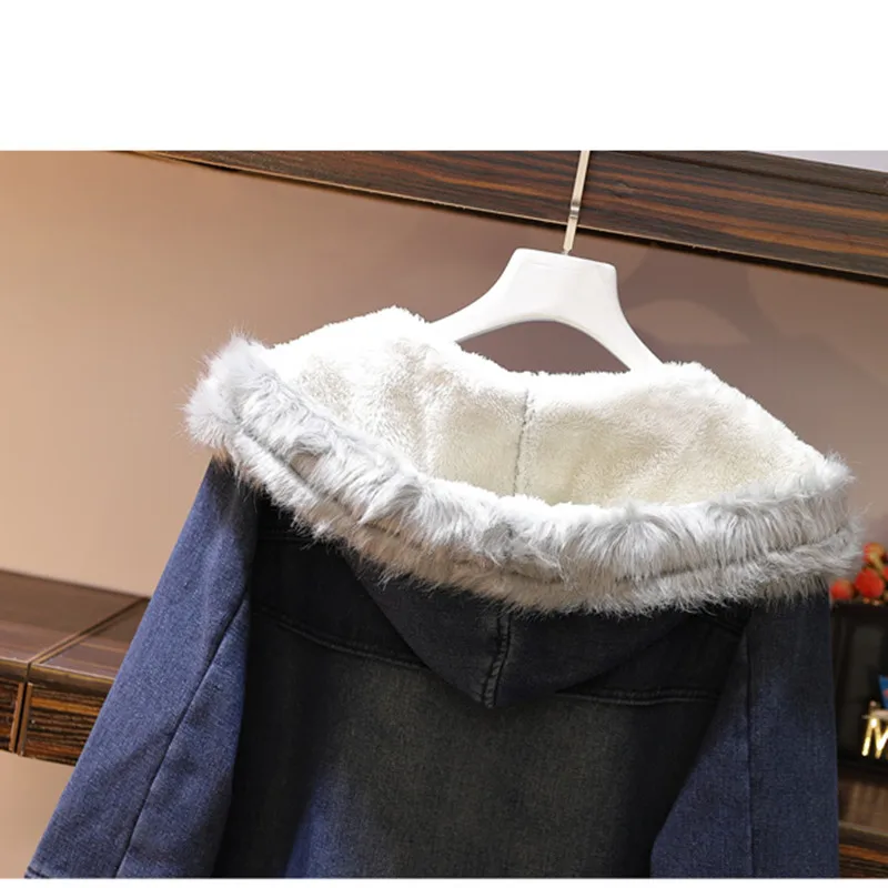HANZANGL XL-5XL 200 фунтов новое зимнее джинсовое пальто Женская парка с меховым капюшоном размера плюс женская длинная куртка