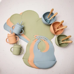 6pcs Baby Self-Feeding Bowl Tableware Silicone Non-Slip Dinner Plate Dishes BPA Free Waterproof Placemat Bibs Cup Fork Spoon Set