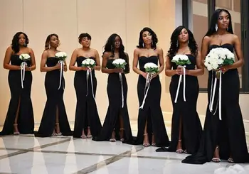 

Retro Mermaid Long Black Satin Bridesmaid Dresses with Slit Floor Length Custom Corset Back Sweetheart Wedding Party Dresses