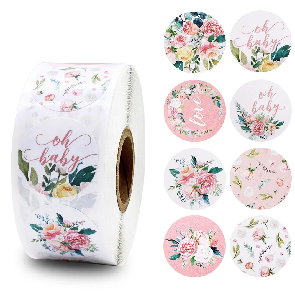

500pcs/roll flower sticker 8 styles round labels sticker pink love floral stationery sticker for wedding party decoration