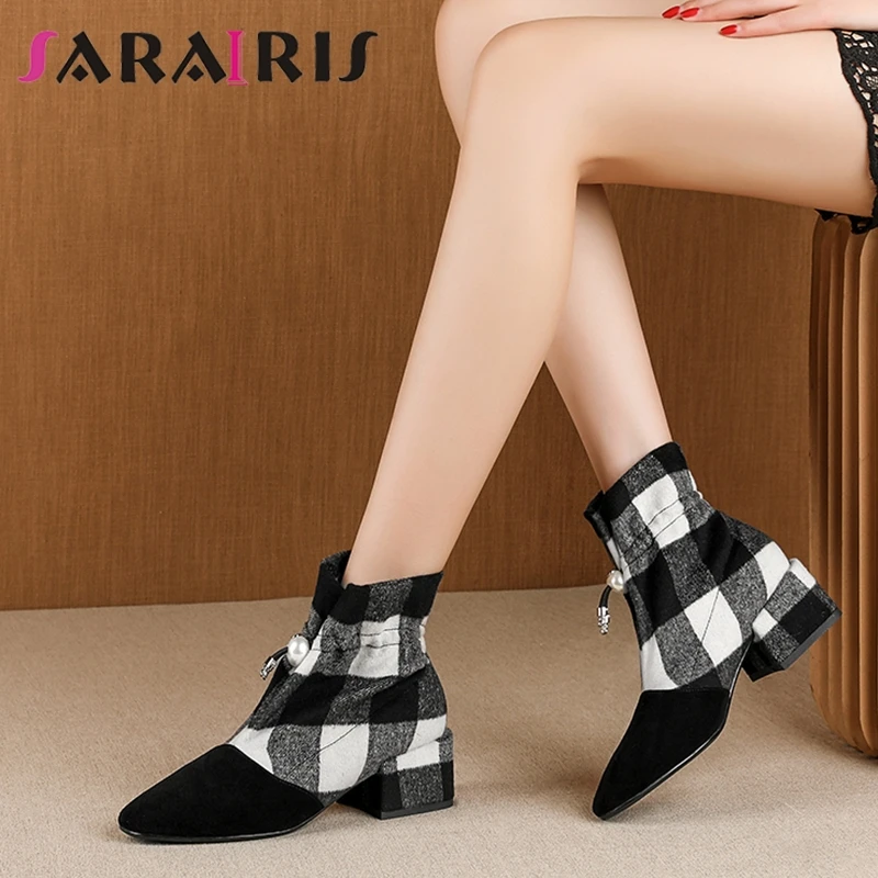 

SARAIRIS New Brand women's Kid Suede Ankle Boots Women Elegant Patchwork Booties Ladies 5cm Med Heel Mixed Colors Shoes Woman
