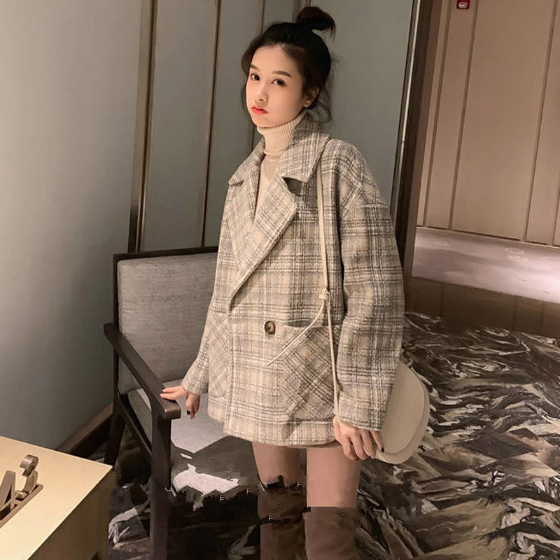 Heydress клетчатое шерстяное пальто женское осень зима свободное популярное корейское ретро маленькое утолщенное твидовое пальто