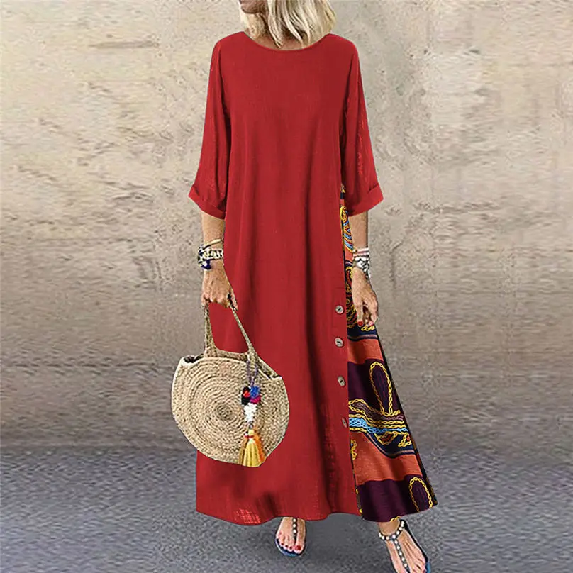 New Fashion Women Cotton Linen Dress Autumn Casual Patchwork 34 Sleeves O-Neck Button Plus Size Long Dress Women clothing 3A14 (10)