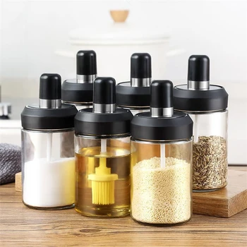 

Integrated Glass Airtight Jar Spice Containers Bottle Condiment Salt Pepper Seasoning Storage Bottle Spice Pot with Spoon Lid
