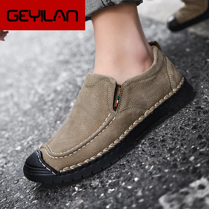 

Man Leather Shoes Design Retro Vintage Loafers shoes Male Boat Footwear Slip on suede Leather Shoes Breathable big size 47