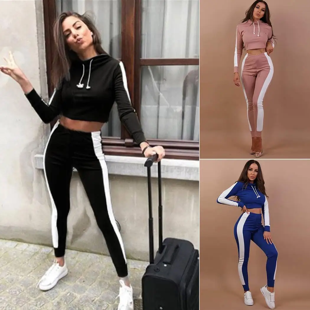 Fashion Women Patchwork Pullover Running Fitness Training Drawstring Yoga Full Length O-Neck Sportswear Suit