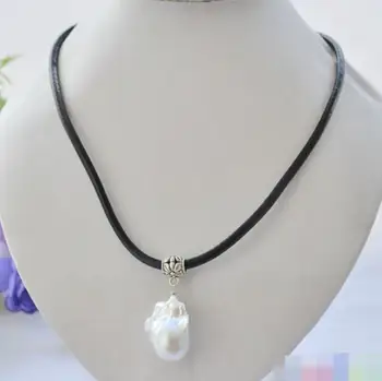 

Free shipping Huge 17" WHITE baroque keshi reborn pearl pendant leather necklace