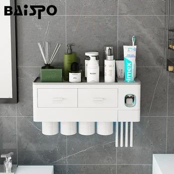 

BAISPO New Magnetic Adsorption Toothbrush Holder Automatic Toothpaste Dispenser Toiletries Storage Rack Bathroom Accessories