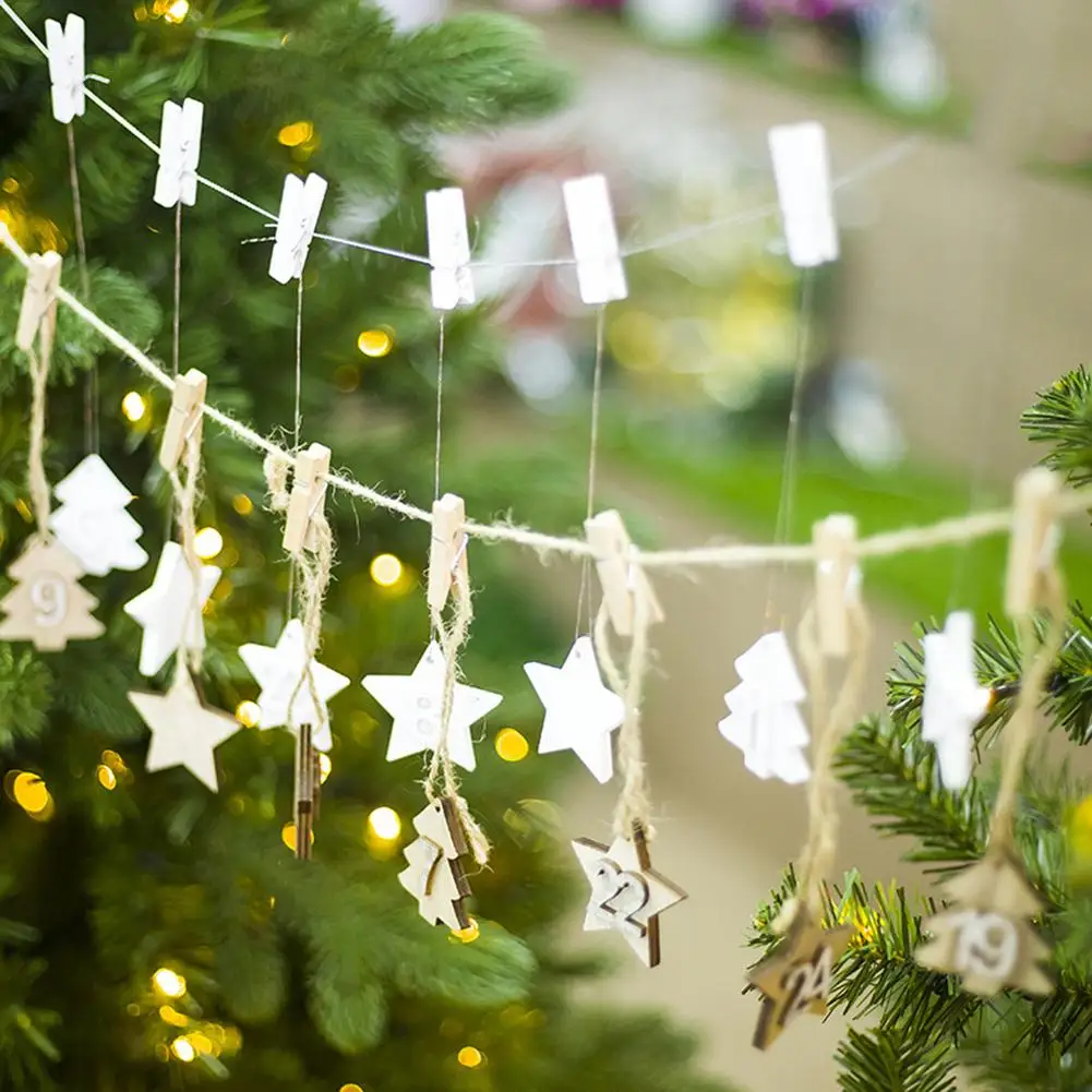 

24Pcs Wooden Star Christmas Advent Calendar Tree DIY Hanging Tags Decor