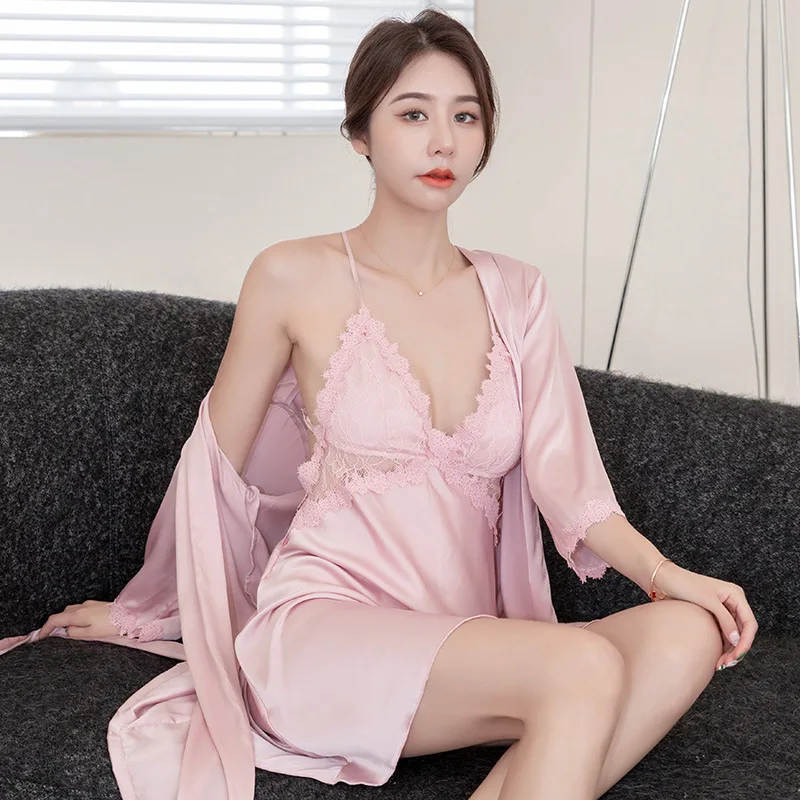 Pink Satin Nighty&Robe Set Women V neck Sleep Set Lace Patchwork Kimono Gown Casual Sleep Set