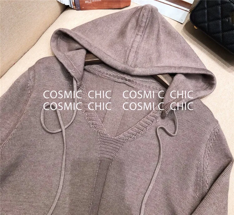 Cosmicchic, женский зимний вязаный костюм, модный, v-образный вырез, Повседневный, с капюшоном, шерсть, спортивный костюм, однотонный, толстовка с длинным рукавом, женский брючный костюм