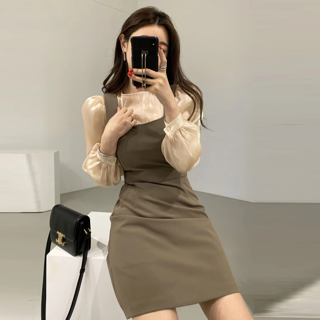 

women two 2 piece set long sleeve slightly transparent blouses and high waist spaghetti strap tunic mini dress elegant suit