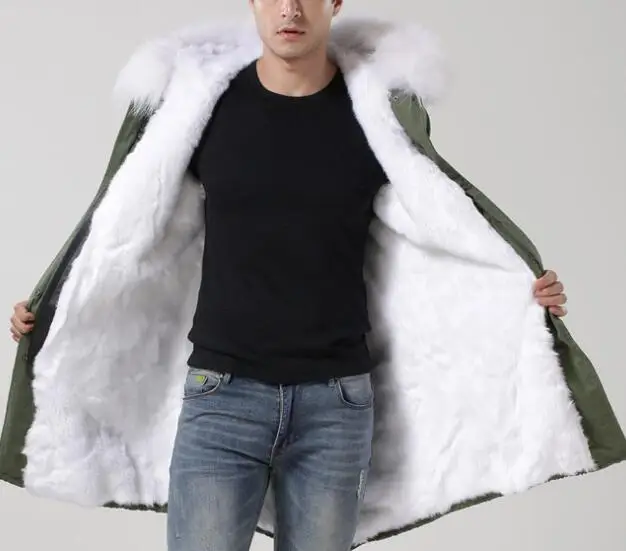 Зимняя Толстая теплая длинная парка Лидер продаж итальянская мужская куртка с воротником из натурального меха енота с искусственным кроличьим мехом Зимние мужские пальто - Цвет: 14