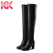 KemeKiss/высокие сапоги до бедра женские большие размеры 32-48, модные высокие сапоги из PU искусственной кожи черного и белого цвета зимняя теплая обувь на высоком каблуке для женщин