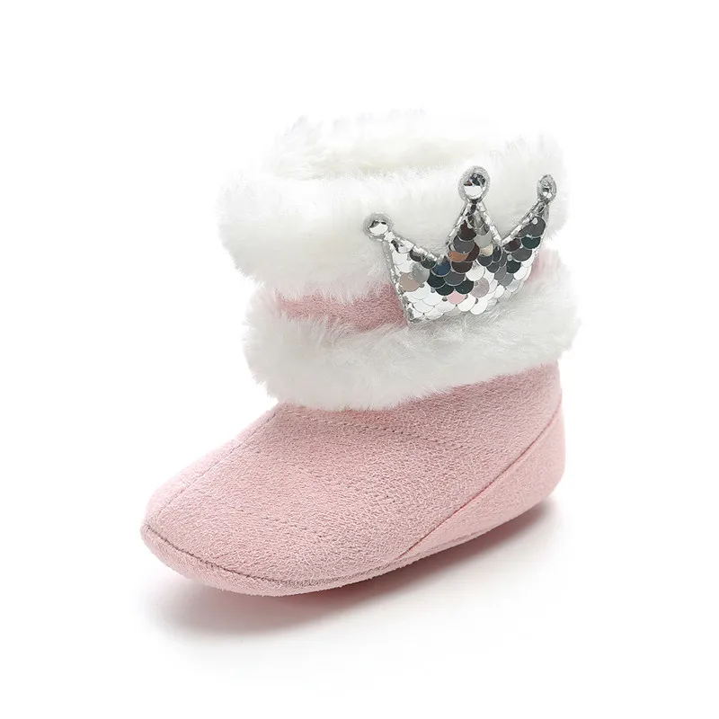 TOPATY Newborn Infant Baby Girl Winter Warm Crown Fur Mid-Calf Length Slip-On Furry Boots 0-18M New Zapatos De Bebe Snow Booties