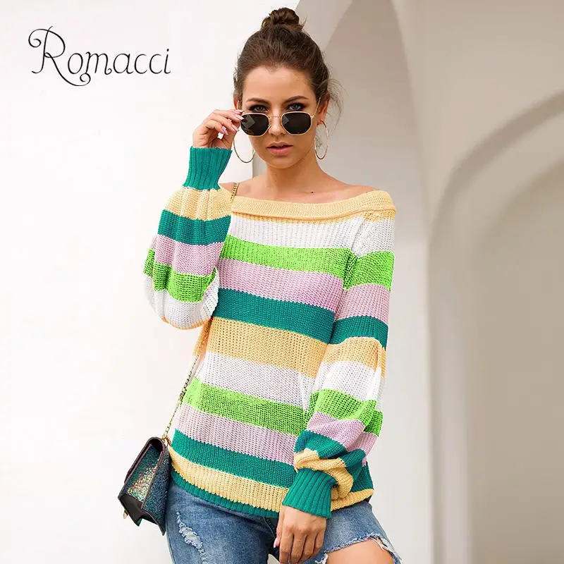 

Women Knitted Sweater Off Shoulder Colorful Stripes Lantern Long Sleeve Slash Neck Loose Rainbow Sweater Casual Pullover Women