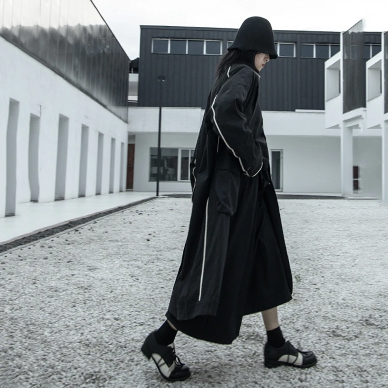 [EAM] Women Black Split Long Big Size Trench New