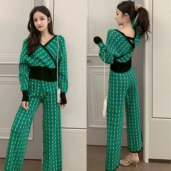 

2020 Spring autumn green 2 Piece Set Women Tracksuit Long Sleeve Knitted Elegent 2 Piece Pant Suits For Women Print Warm Suits