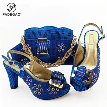 

Latest African Women Shoes Matching Bag in Blue Color Nigerian Lady Shoes Matching Bag with Crystal for Garden Party