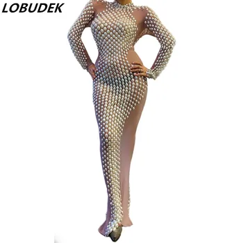 

Women Singer Dancer Host Models Catwalk Rhinestones Pearls Perspective Floor Length Dress Sexy Birthday Prom Stage Long Dresses