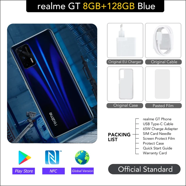 Original Realme GT 8GB 128GB  Global Version 5G NFC Snapdragon 888 65W Super Dart Charge 120Hz 6.43" AMOLED Smartphone ram pc 8GB RAM