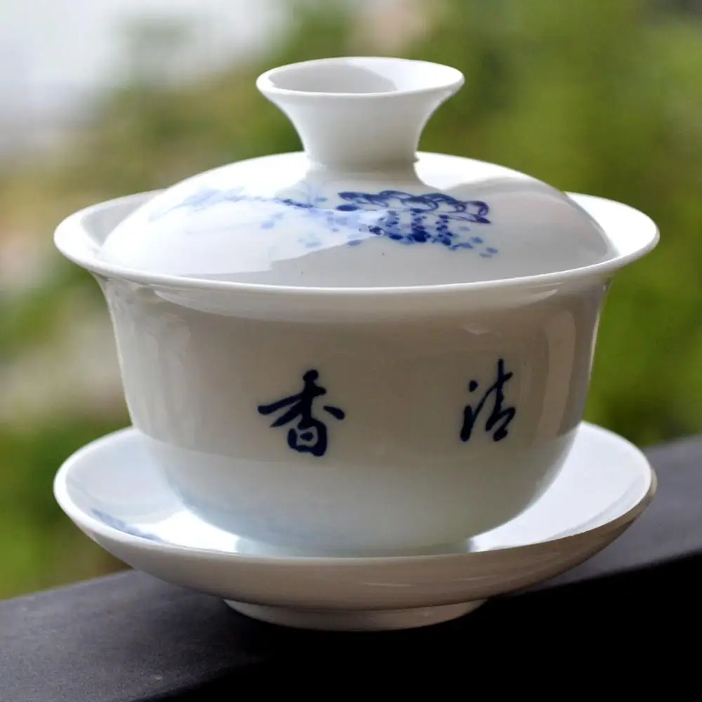 Чайные чашки Gaiwan с лотосом 150 мл синие и белые столовые приборы китайский чайный