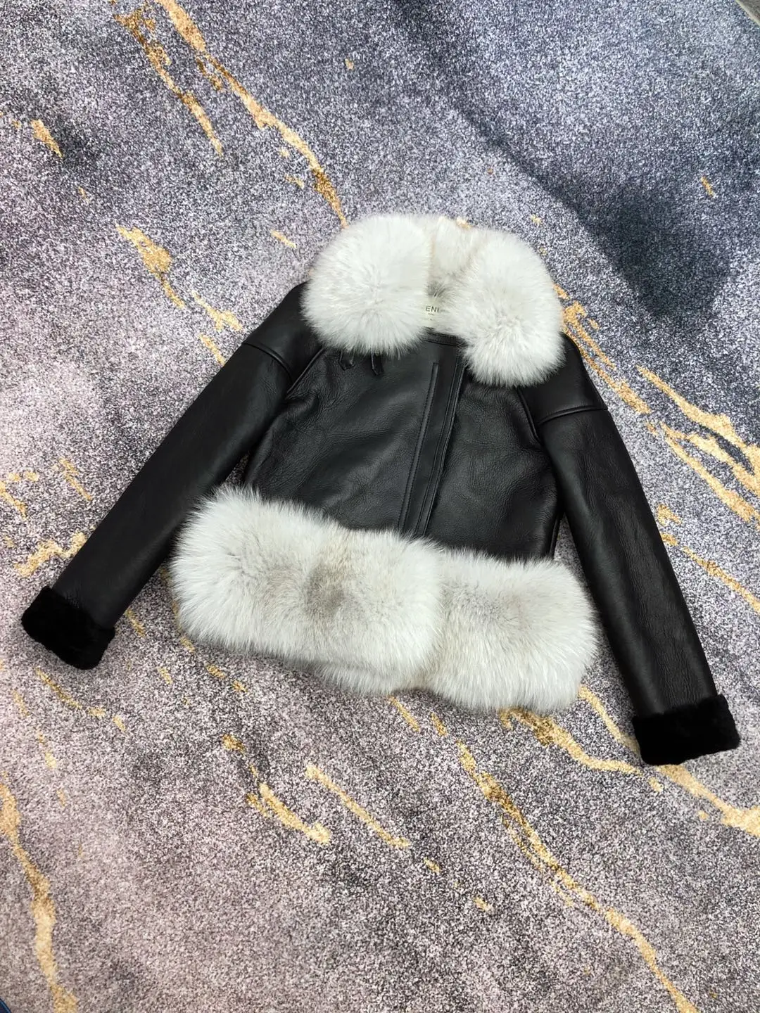 Женские куртки и пальто с мехом размера плюс Натуральная Овчина кожаная куртка женские пальто воротник из лисьего меха и низ из настоящей овцы - Цвет: black leather grey