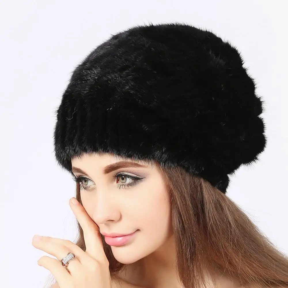 New Fashion Style Mink Fur Kinnted Cap Animal Fur Hats ladies Winter Hat With Fur Garpe Woman Stylish Hats