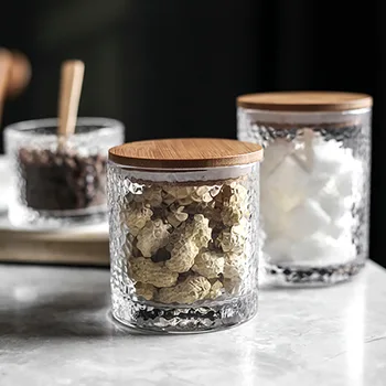 

Wooden Lid Airtight Canister Crystal Glass Sealed Can Ripple Storage Tank Kitchen Food Container Grain Tea Coffee Bean Candy Jar