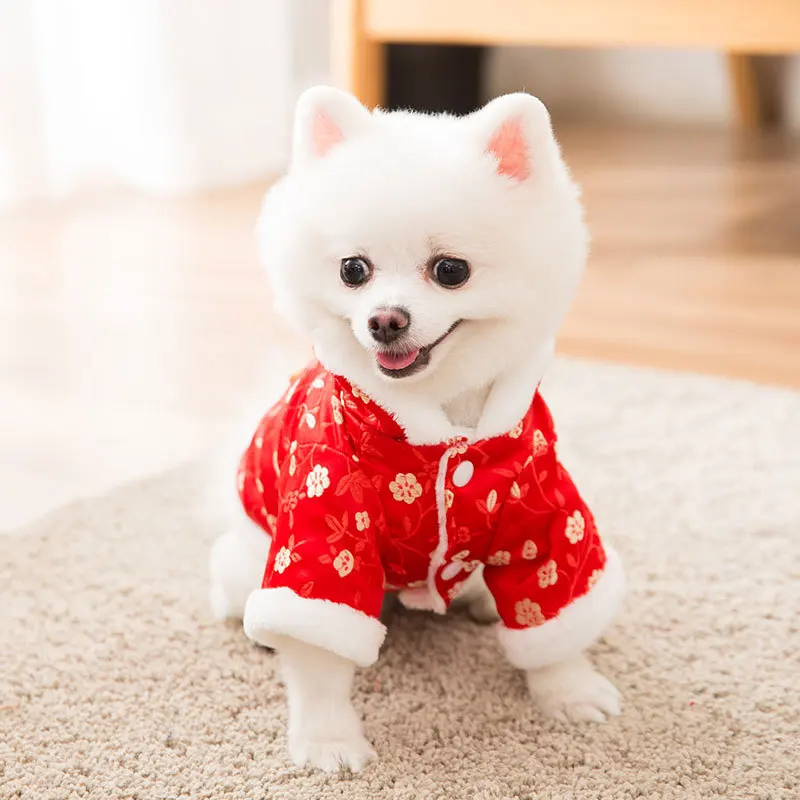 Новогодний костюм для собак костюм для щенка куртка одежда для домашних животных зимняя одежда для собак Cheongsam Xin Nian наряд для питомцев красный