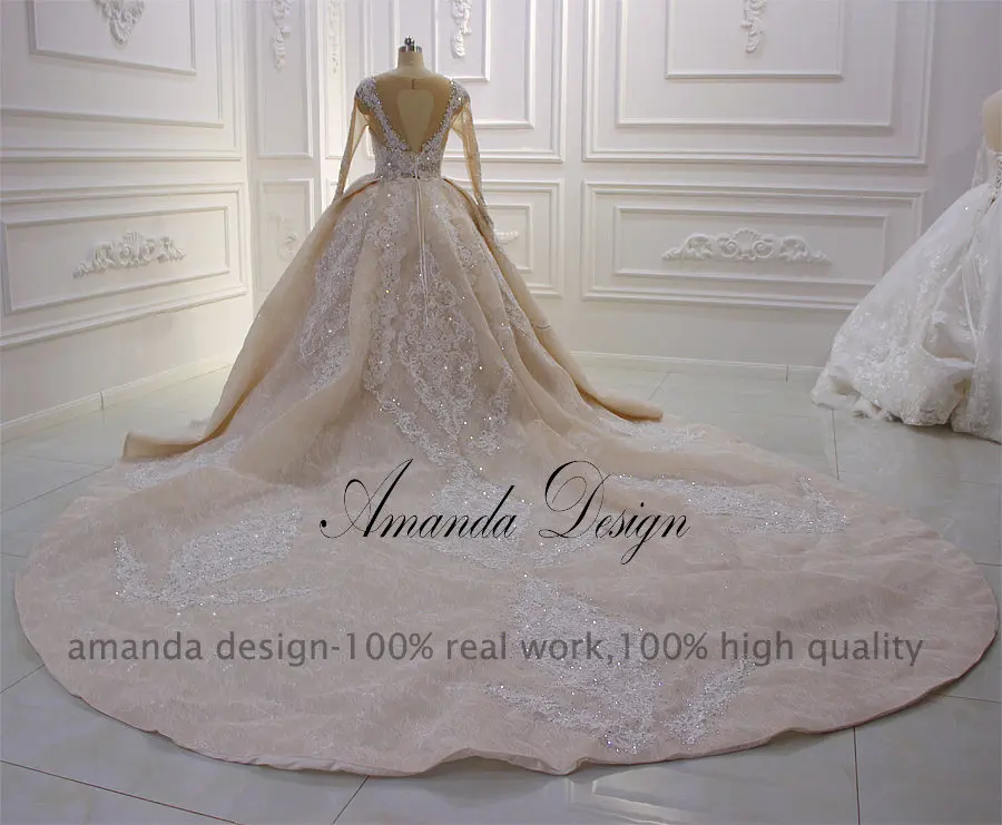 Аманда дизайн Высокое качество индивидуальные полный рукав кружева аппликация ручной работы свадебное платье