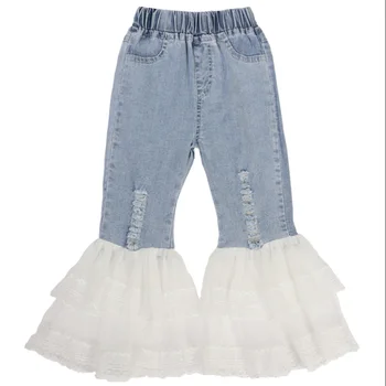 

2020 Summer girls jeans baby denim pants kids flare trousers children jeans streetwear ripped layered mesh patch