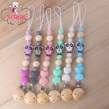 

XCQGH New DIY Silicone Molar Beads Pacifier Chain Silicone Mini Panda Teether Wooden Clip Pacifier Chain Clip