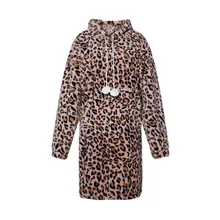 Women Pullover Coat Long Sleeve Hooded Drawstring Warm Plush Fall Casual Tops, Leopard / Dye
