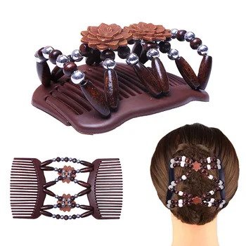 

DIY Portable Magic Wood Beaded Stretch Double Hair Side Combs Clips Bun Maker for Girls Women Long Short Hair Hair Accessories