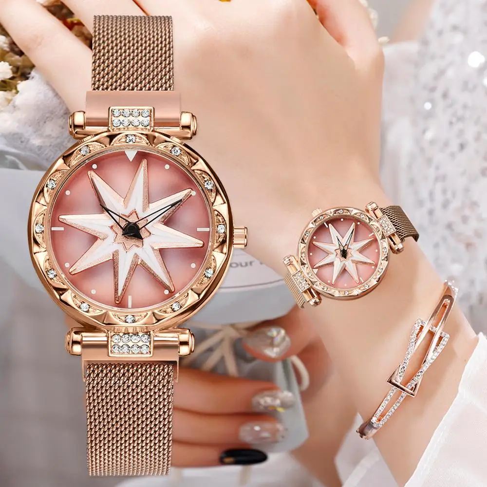 

Luxury Star Diamond Starry Dial Geometric Women's Watches Fashion Rotate Magnet Buckle Ladies Business Wristwatches Reloj Mujer