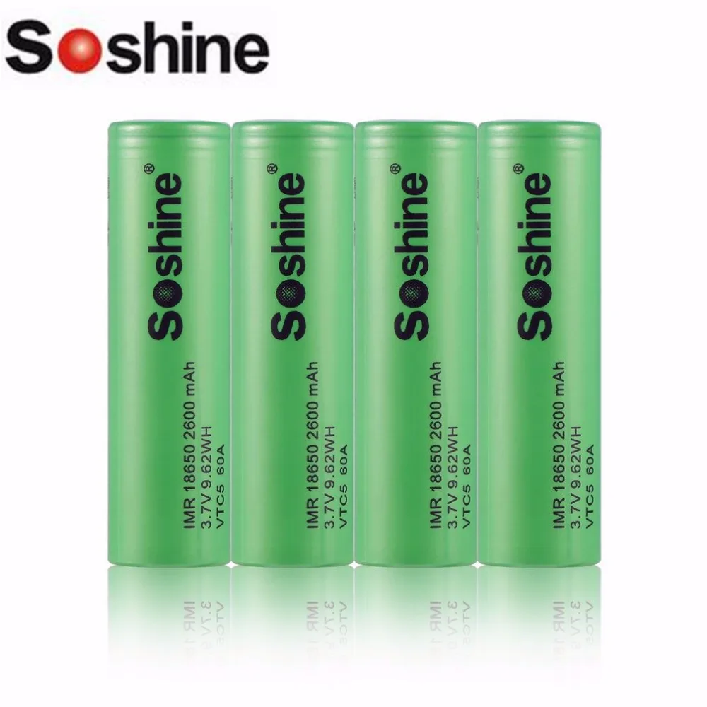 Soshine 4 шт. IMR 18650 60A 2600mAh 3,7 V 9,62 WH VTC5 аккумуляторные батареи низкий саморазряд без эффекта памяти зеленый