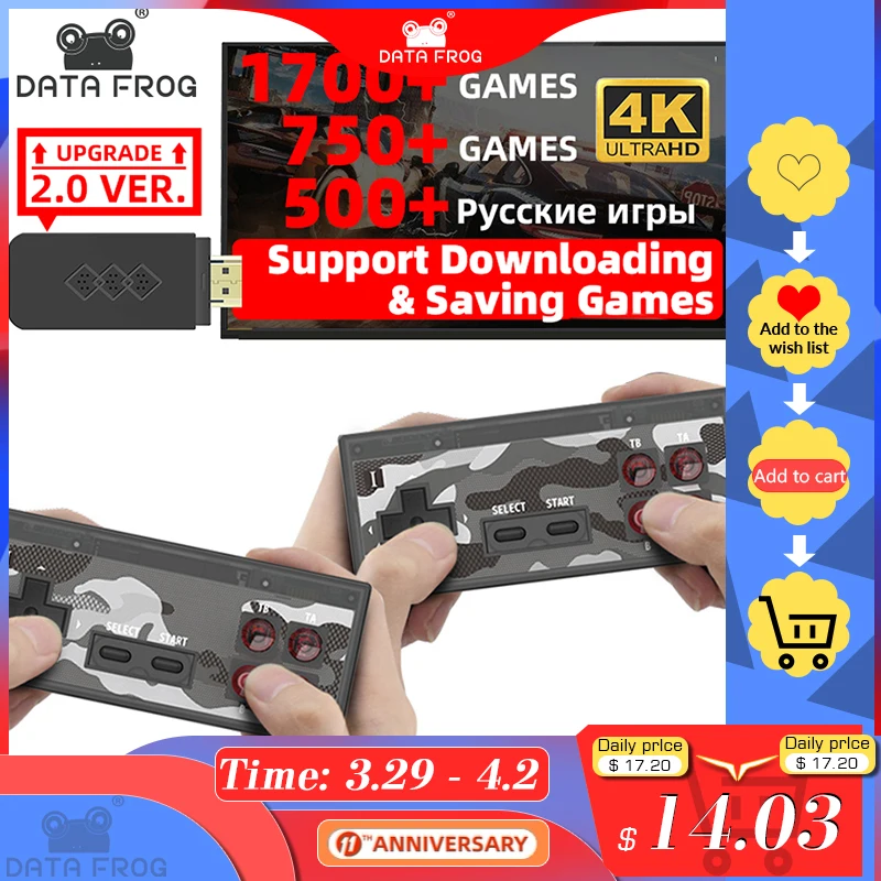  USB Беспроводная портативная ТВ игровая консоль Data Frog, встроенная в 1700 классическую игру 4K, 8 бит, мини видео консоль, поддержка HD выхода 