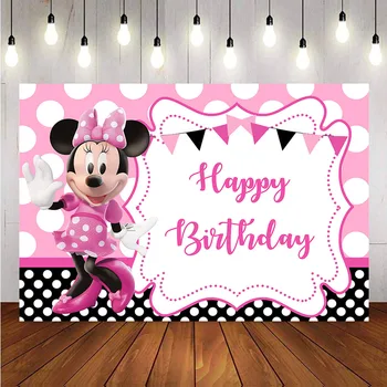 

Happy birthday backdrop for photography minnie mouse cartoon photo background custom pink girls birthday party decoration prop