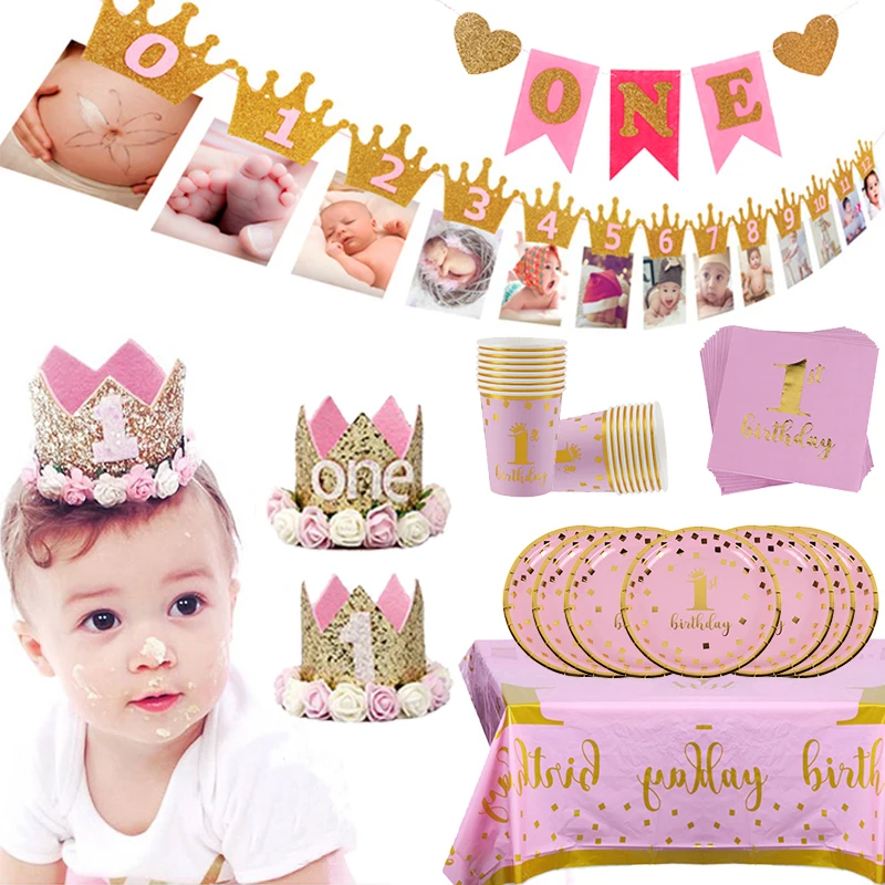 Crianças 1st festa de aniversário decoração 1 ano de idade coroa bebê menino menina 1 primeiro aniversário balão guirlanda chá de fraldas fontes de festa|Decorações de festas DIY| -