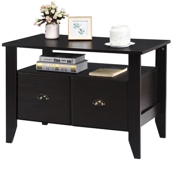 

Multi-function Retro Coffee Cabinet Table with 2 Drawers Lateral File Antique MDF Living Room Brown Tv Tables Furniture HW60298