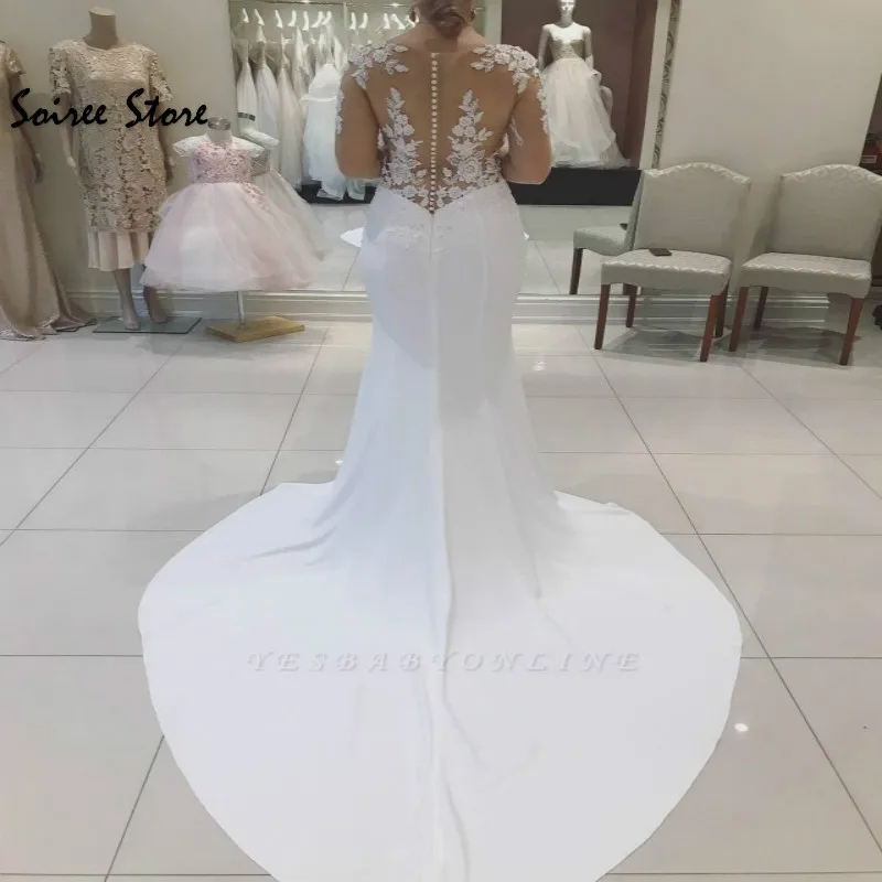 

Simple Plus Size White Wedding Dresses Mermaid Sexy V Neck Sheer Sleeves Bohemian Cheap Wedding Dress With Lace Satin Bride Gown