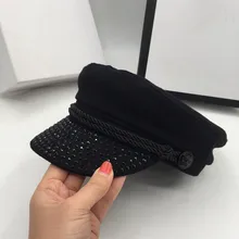 Шапка для женщин, яркая, с полями, блестящая, темно-синяя, шерстяная шапка, для улицы, Джокер, черная женская шляпа, козырьки