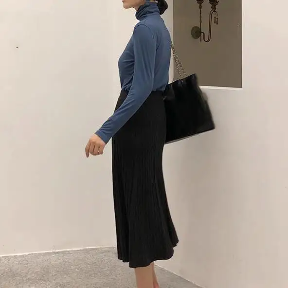 Эластичная трикотажная юбка с высокой талией, офисные элегантные юбки, осенние длинные юбки, корейская мода, уличная одежда, плиссированные юбки
