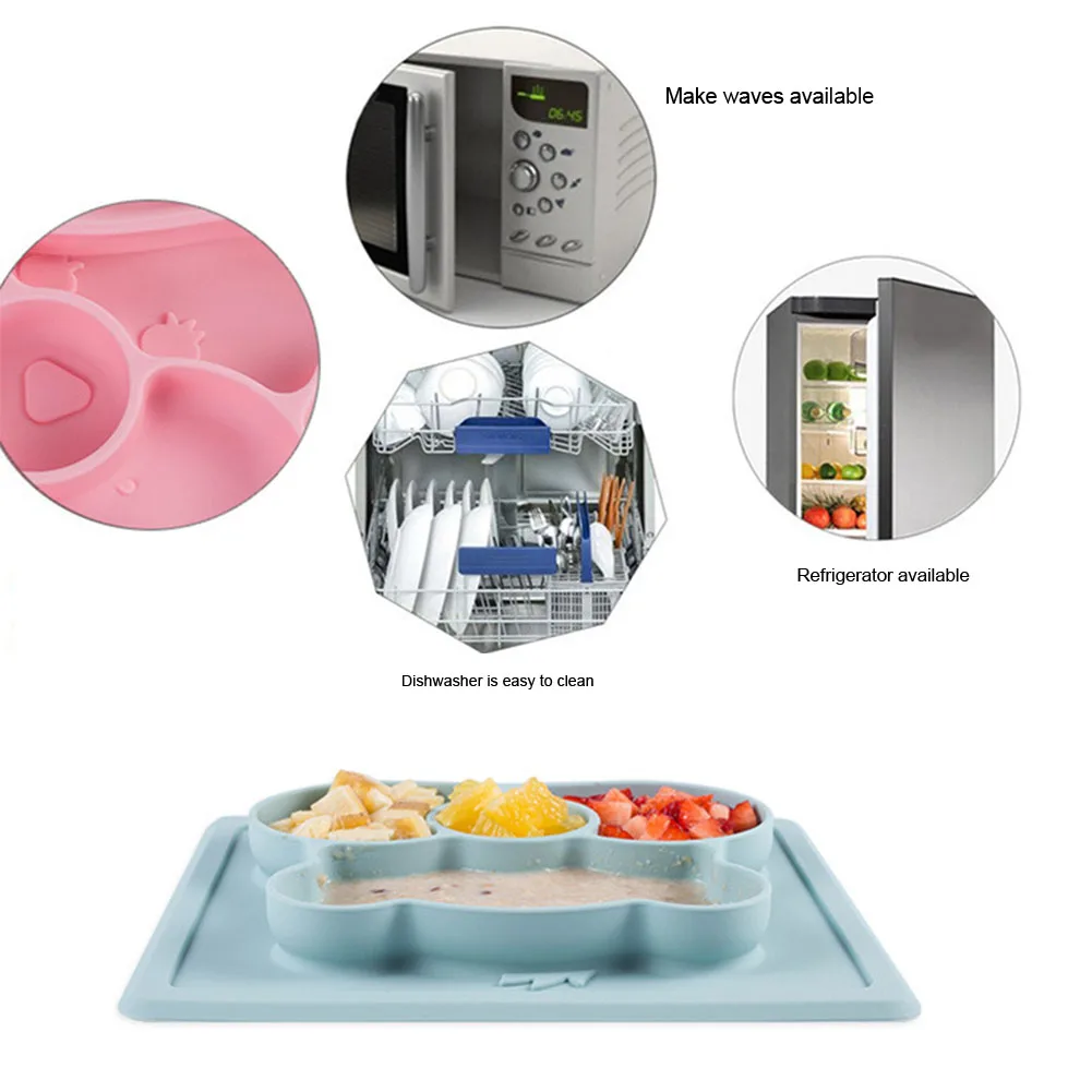 Дети с ложкой, детский поднос для еды, силиконовая тарелка с медведем из мультфильма, посуда для кормления, тренировочный нескользящий стол, столовая, милая присоска