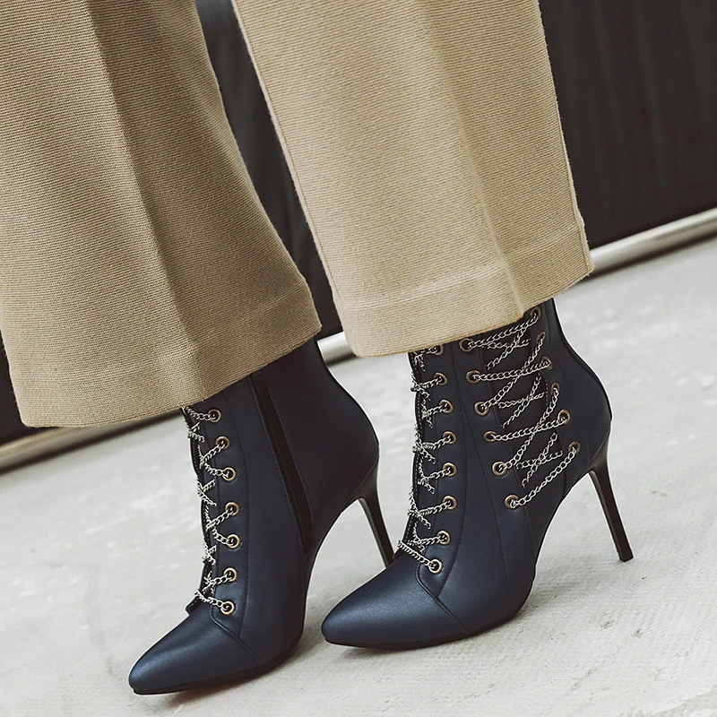 Rimocy/пикантные ботинки на высоком каблуке 10 см; Модные женские ботильоны на шпильке с острым носком и цепочкой; женская кожаная обувь; Zapatos De Mujer; большие размеры