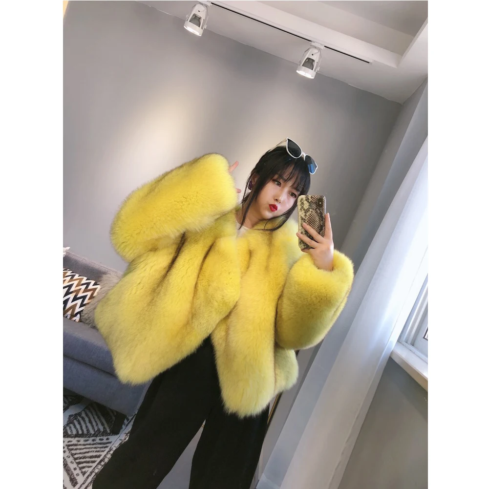 

2019 Winter New Womens Fox Fur Coat Locomotive Fur Coat Short Style Womens Fur Jacket Yellow Oversize Coat