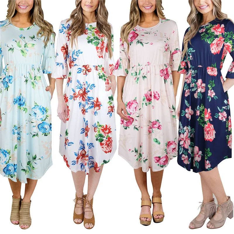 

Women's Autumn Dress Flare Sleeve Elegant Dress Half Sleeve Fashion Casual Dress Spring Soft Printed Party Dress with Pocket
