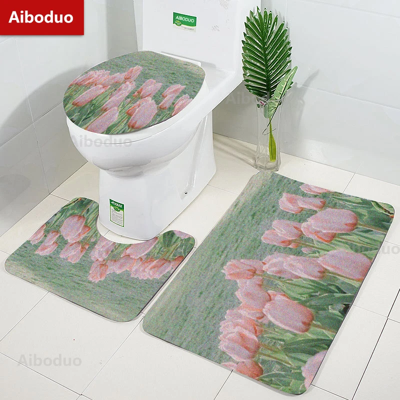 

Aiboduo Pink Tulip 3pcs/set Toilet Lid Cover Set Kawaii Flowers Restroom Rug Non Slip Carpet Girly BathMat Warm Home Decoration